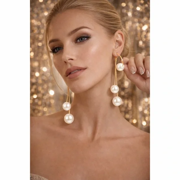 Gold Tone 2 Piece Triple Faux Pearl Elegant Earrings - Picture 2 of 4